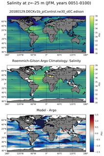 JFM Model Salinity compared with Argo observations